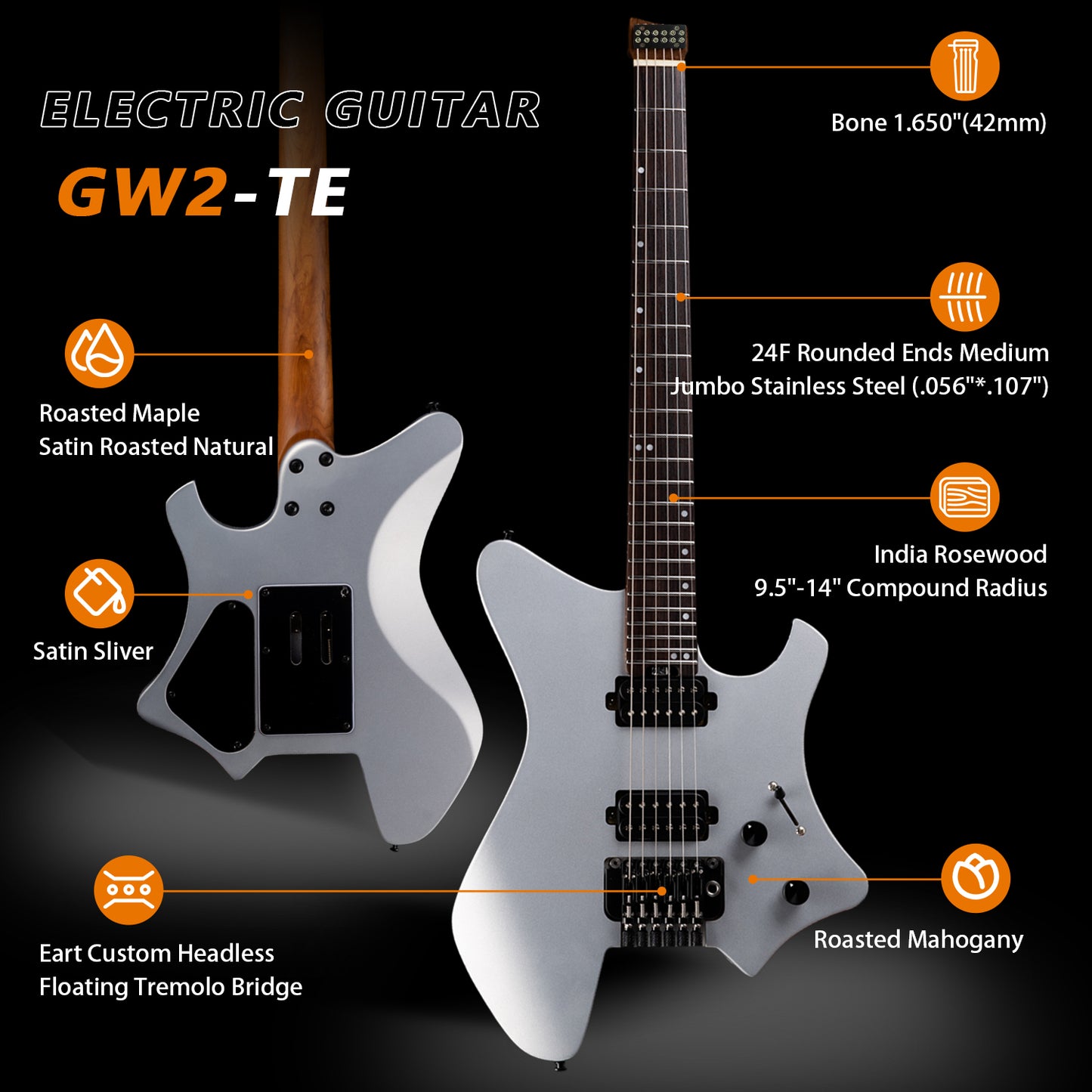 2_81b08299-8213-46e3-9478-a5baa9970bb8 Eart Electric Guitars GW2-TE, 6 String Headstockless Roasted Mahogany Headless Guitar