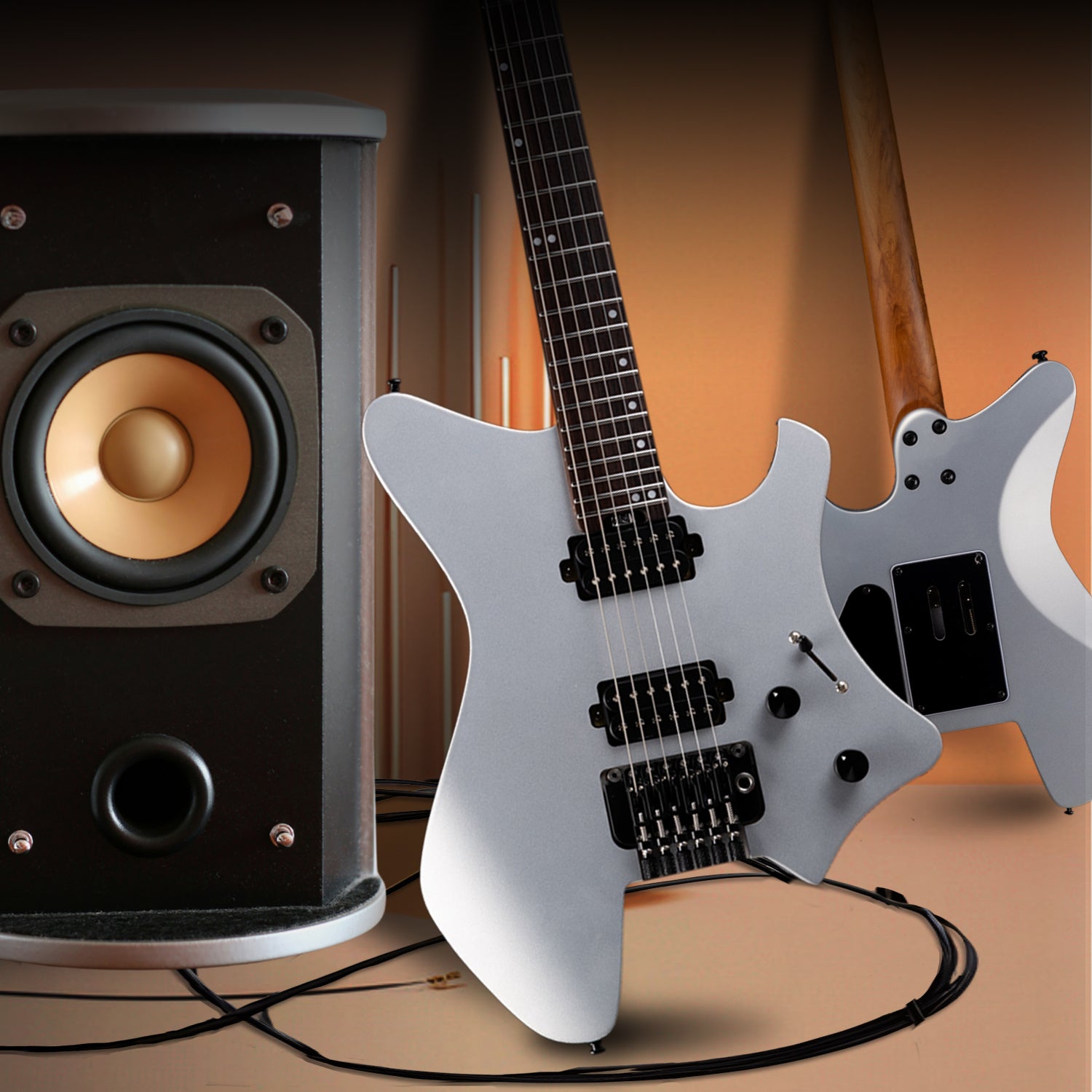 GW2-TE_stands_on_floor Eart Electric Guitars GW2-TE, 6 String Headstockless Roasted Mahogany Headless Guitar