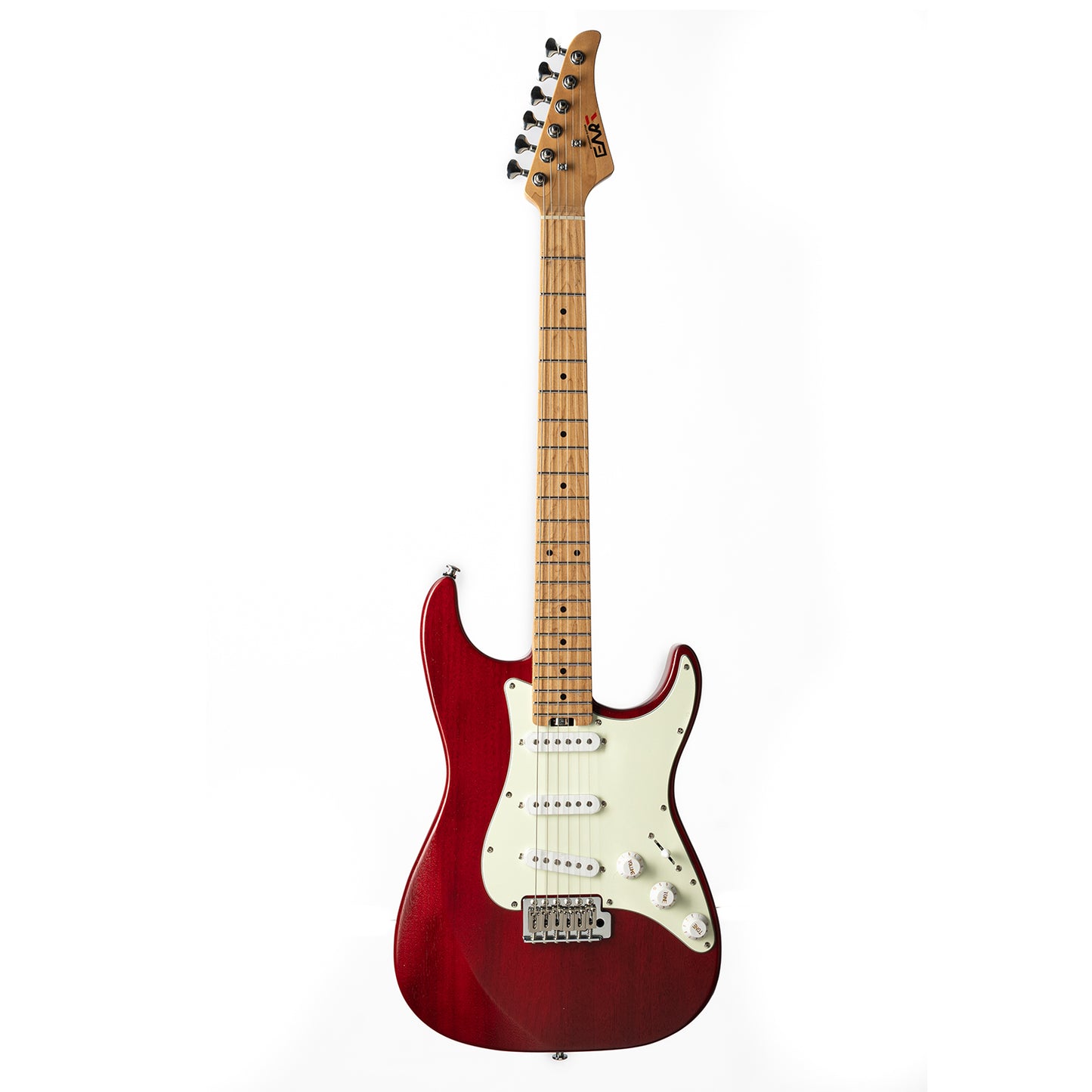 Nexus-S1_Open_Pore_Trans_Red Eart Guitars, Nexus-S1, 25.5" Roasted Mahogany/Maple 22-Fret Electric Guitar – Compound U-C Neck, Stainless Steel Frets, 6-Point Tremolo