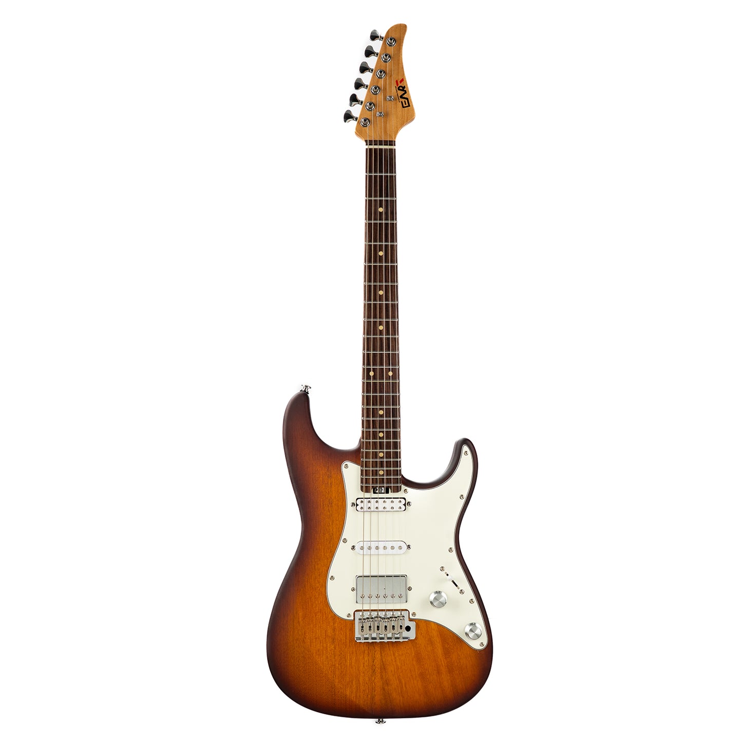 cp73_tobacco_burst Eart Guitars, CP-73, 25.5" Roasted Mahogany & Maple Electric Guitar, Compound Frets, Custom Alnico Pickups, 6-Point Tremolo, Satin Black/Pearl Blue/Tobacco Burst