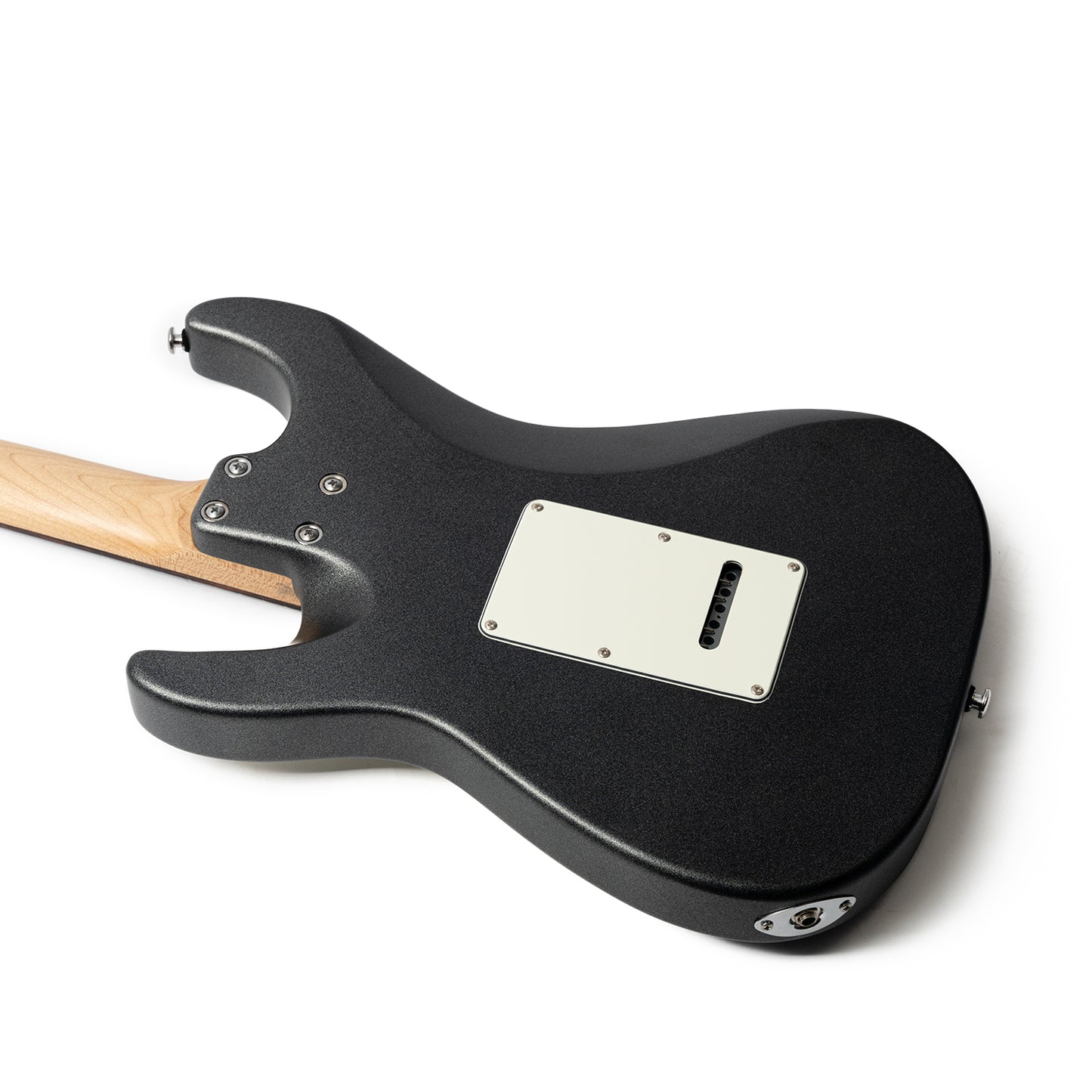 cp73bodybackview Eart Guitars, CP-73, 25.5" Roasted Mahogany & Maple Electric Guitar, Compound Frets, Custom Alnico Pickups, 6-Point Tremolo, Satin Black/Pearl Blue/Tobacco Burst