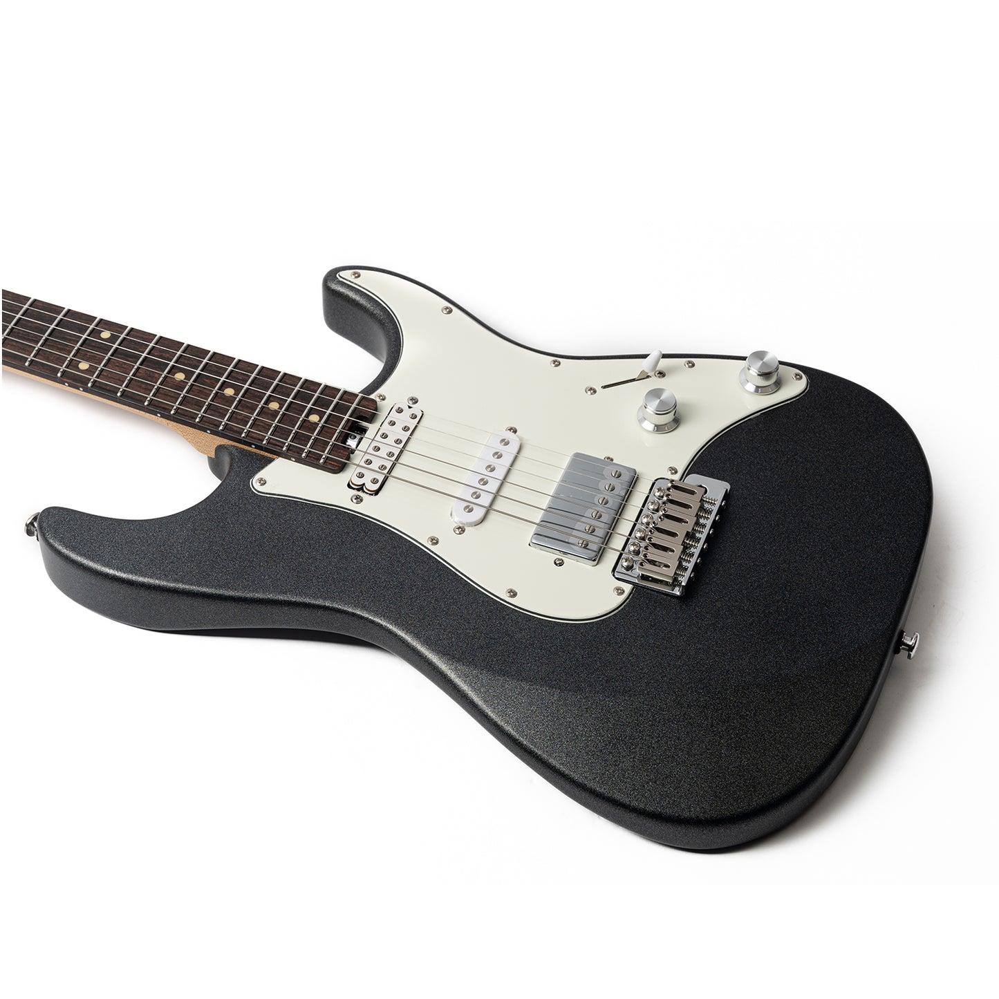 cp73bodyfrontview Eart Guitars, CP-73, 25.5" Roasted Mahogany & Maple Electric Guitar, Compound Frets, Custom Alnico Pickups, 6-Point Tremolo, Satin Black/Pearl Blue/Tobacco Burst