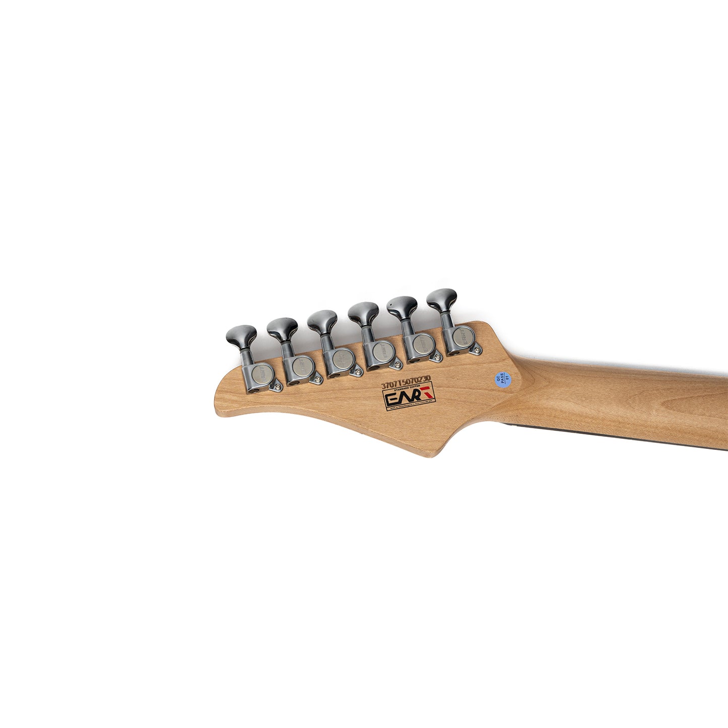 cp73headstockbackview Eart Guitars, CP-73, 25.5" Roasted Mahogany & Maple Electric Guitar, Compound Frets, Custom Alnico Pickups, 6-Point Tremolo, Satin Black/Pearl Blue/Tobacco Burst