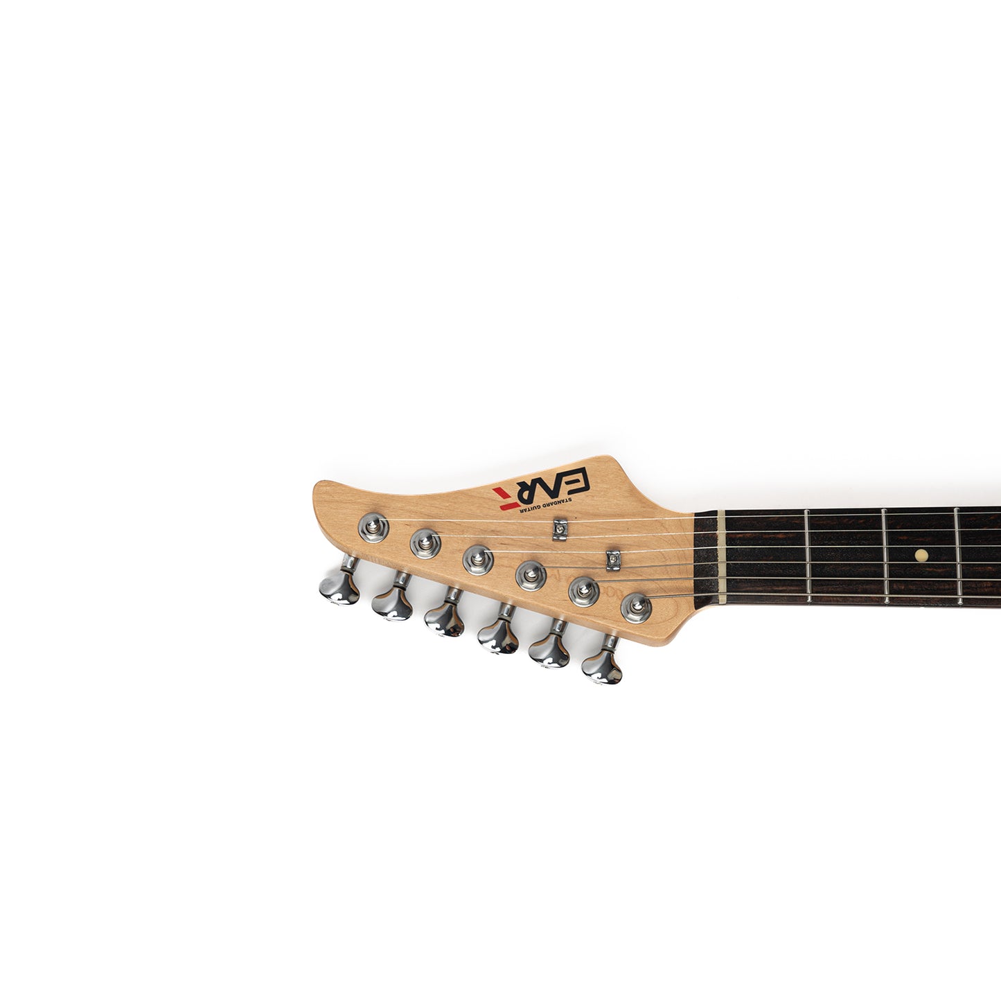 cp73headstockfrontview Eart Guitars, CP-73, 25.5" Roasted Mahogany & Maple Electric Guitar, Compound Frets, Custom Alnico Pickups, 6-Point Tremolo, Satin Black/Pearl Blue/Tobacco Burst