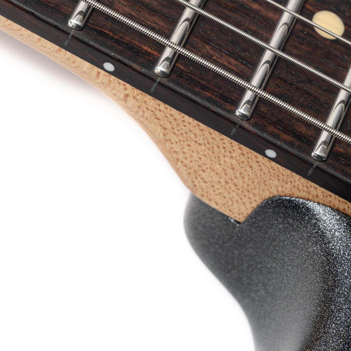 cp73neck Eart Guitars, CP-73, 25.5" Roasted Mahogany & Maple Electric Guitar, Compound Frets, Custom Alnico Pickups, 6-Point Tremolo, Satin Black/Pearl Blue/Tobacco Burst