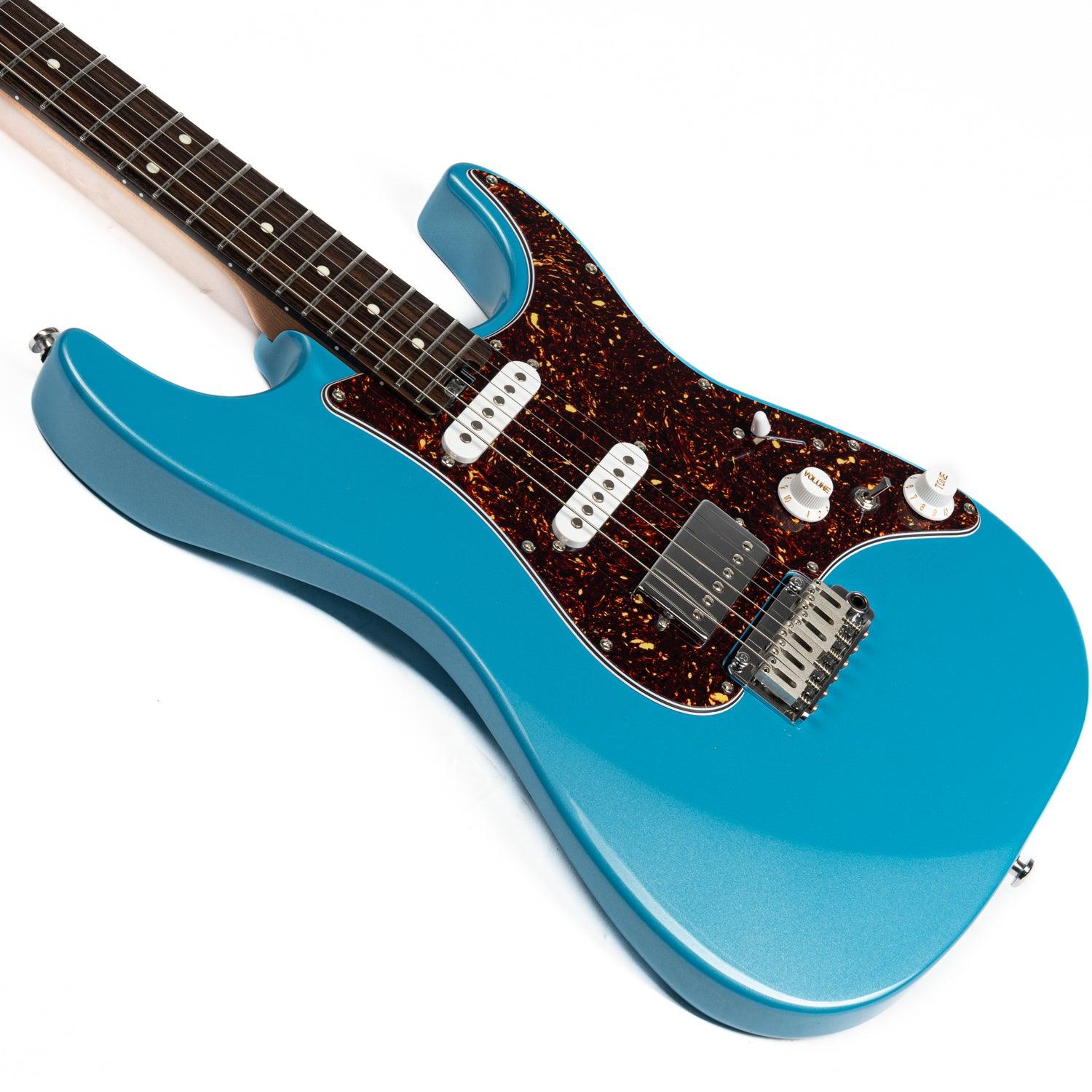 dmx-9tc_blue_body_front EART Guitars, DMX-9TC, SSH Roasted Bookmatch Mahogany Body Canada Maple Neck Electric Guitar, Pearl Blue