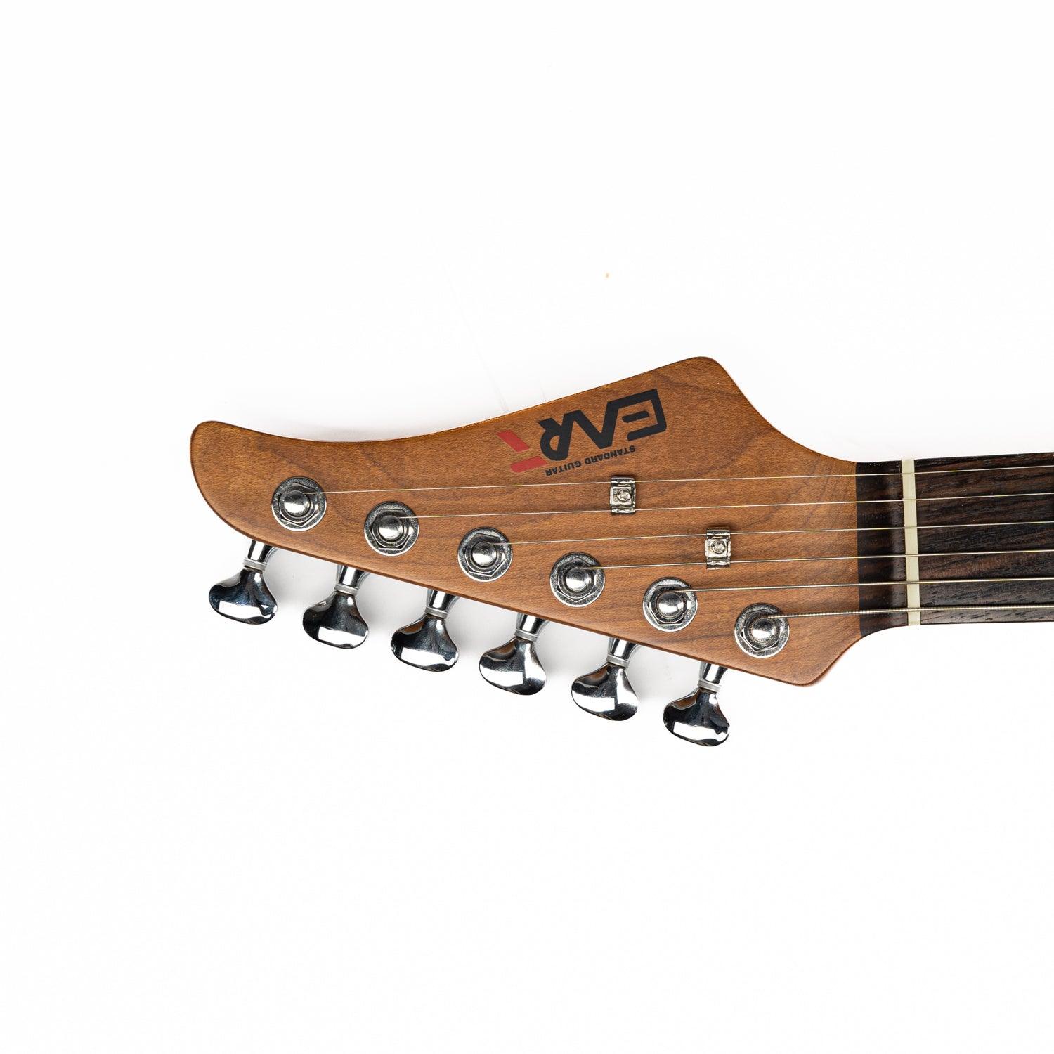 dmx-9tc_blue_headstock_front EART Guitars, DMX-9TC, SSH Roasted Bookmatch Mahogany Body Canada Maple Neck Electric Guitar, Pearl Blue