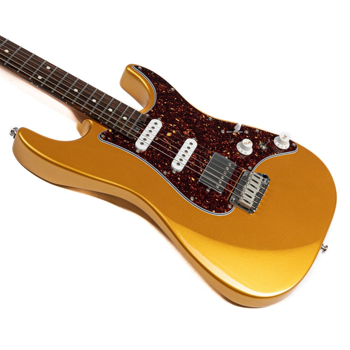 dmx-9tc_gold_body_front EART Guitars, DMX-9TC, NK-S Standard Shape 2-Point Synchronized Steel Saddle Tremolo Bridge Electric Guitar, Gold