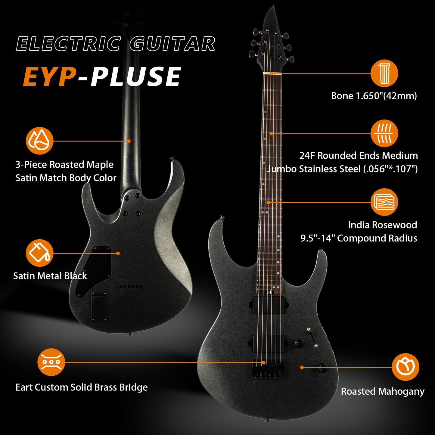eart_EYP-Pulse_metal_black_specs Eart Guitars, EYP-Pulse(EXP-6), Soild Body Electric Guitar Roasted Mahogany Body Artones-MDC135 Active Pickups Rock