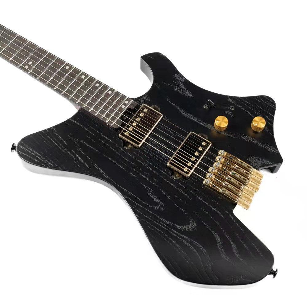 gw2-pro_black_gd_body_front Eart Guitars, GW2-Pro, Wenge Neck Headless Double Locking Fixed Bridge Electric Guitar, Solid Black GD