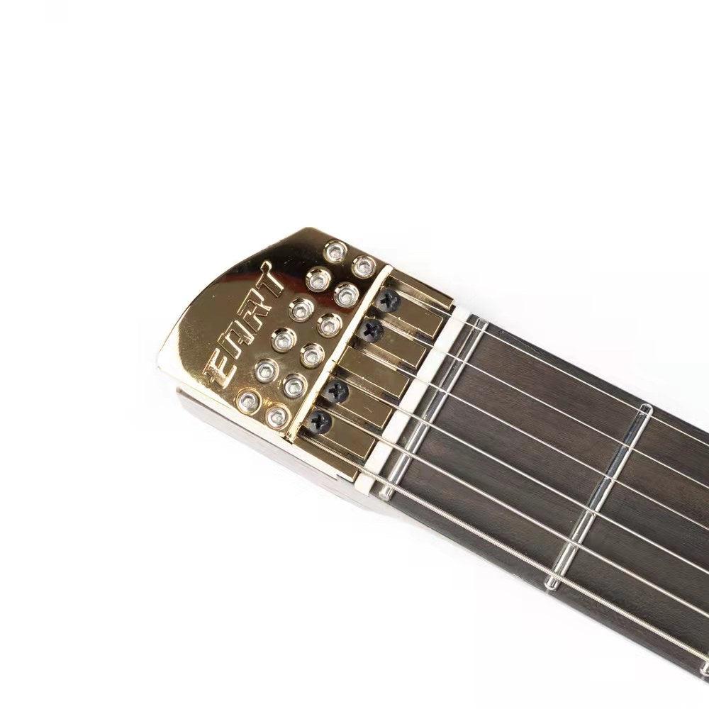 gw2-pro_black_gd_headstock_front Eart Guitars, GW2-Pro, Wenge Neck Headless Double Locking Fixed Bridge Electric Guitar, Solid Black GD