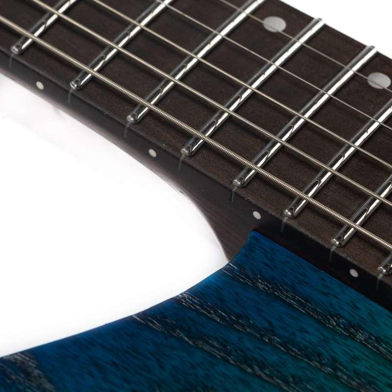 gw2_pro_blue_burst_neck Eart Guitars, GW2-Pro, Headless Double Locking Fixed Bridge 3-Way Switch Electric Guitar, Blue Burst