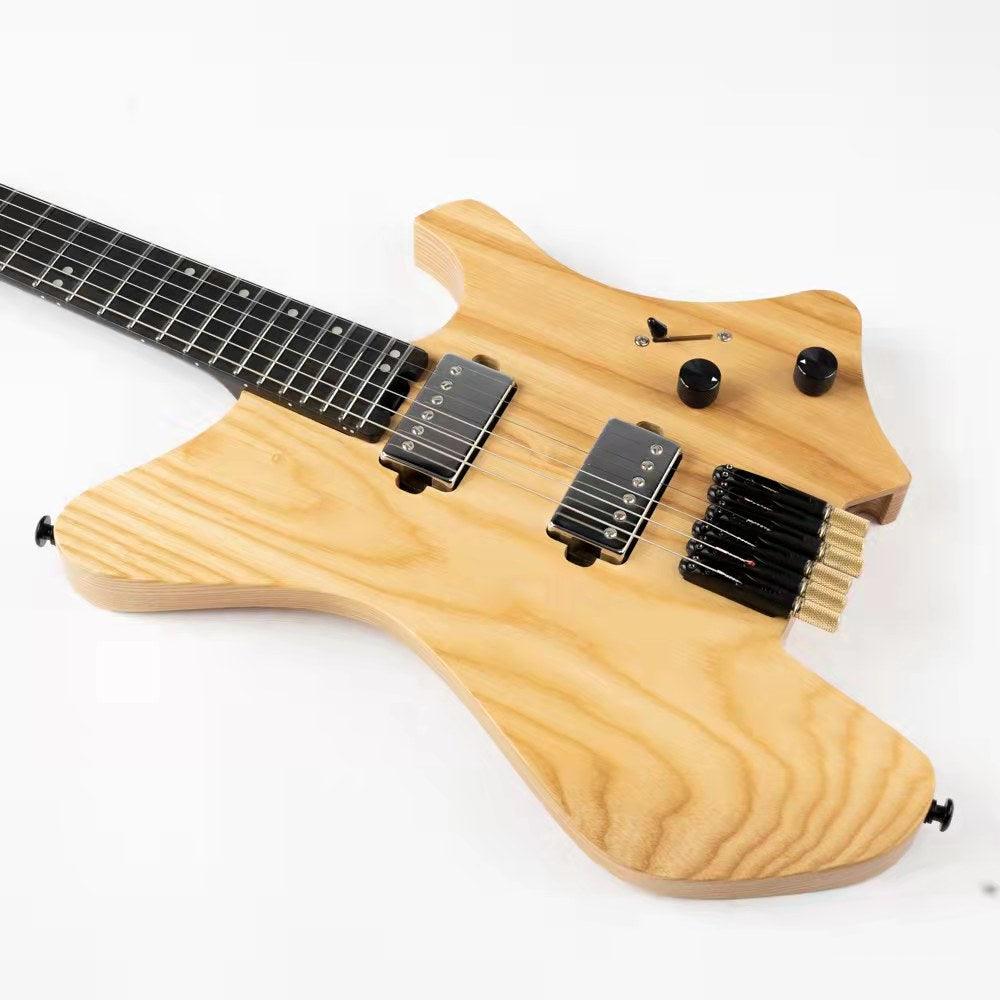 gw2_pro_natural_body_front Eart Guitars, GW2-Pro, Roasted Ash Body Headless 3-Way Switch,1 Tone,1 Volume Electric Guitar, Natural