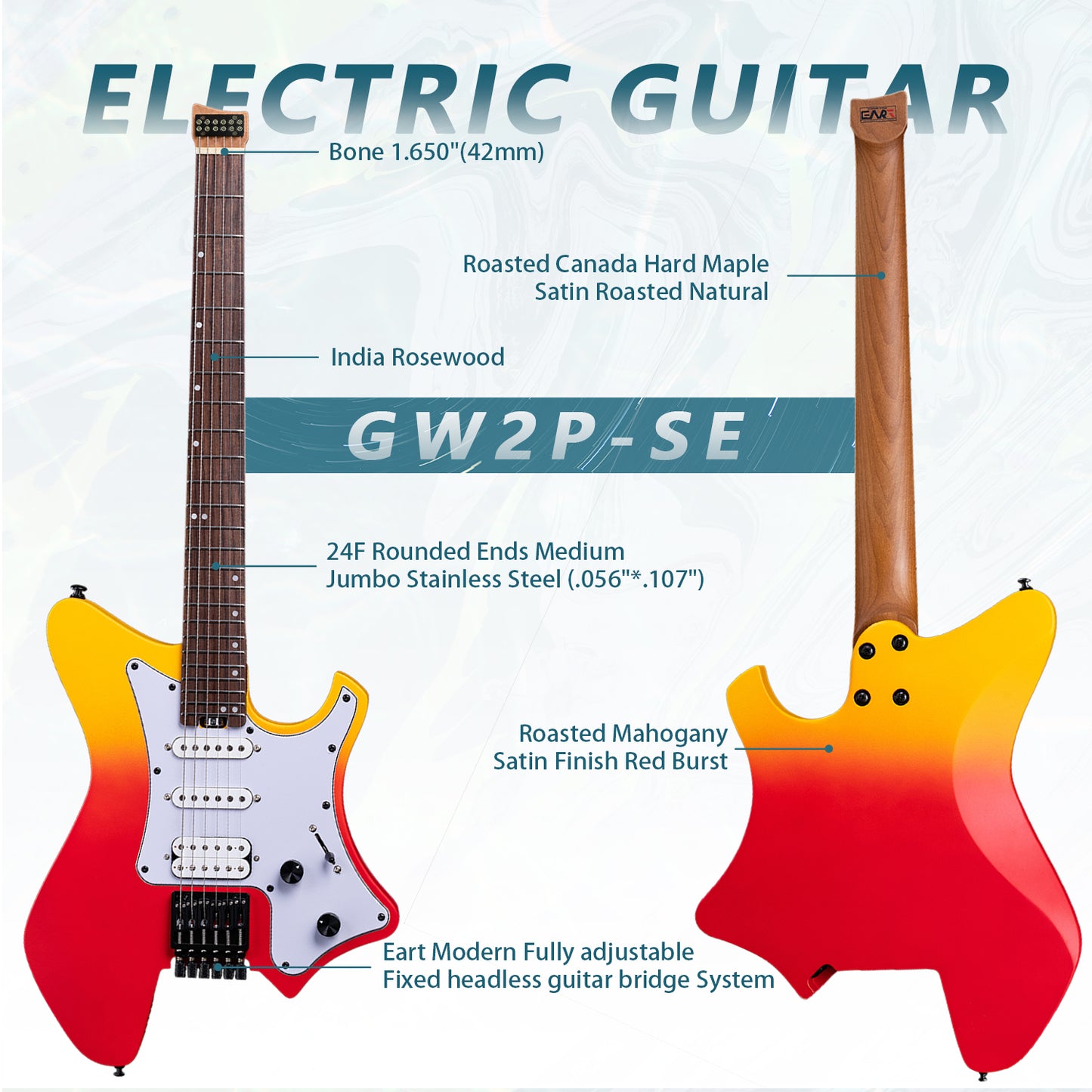 gw2p-se_guitar_front_and_back_view Eart Electric Guitars GW2P-SE, Youthful Energy, Roasted Mahogany, Lightweight Headless Guitar