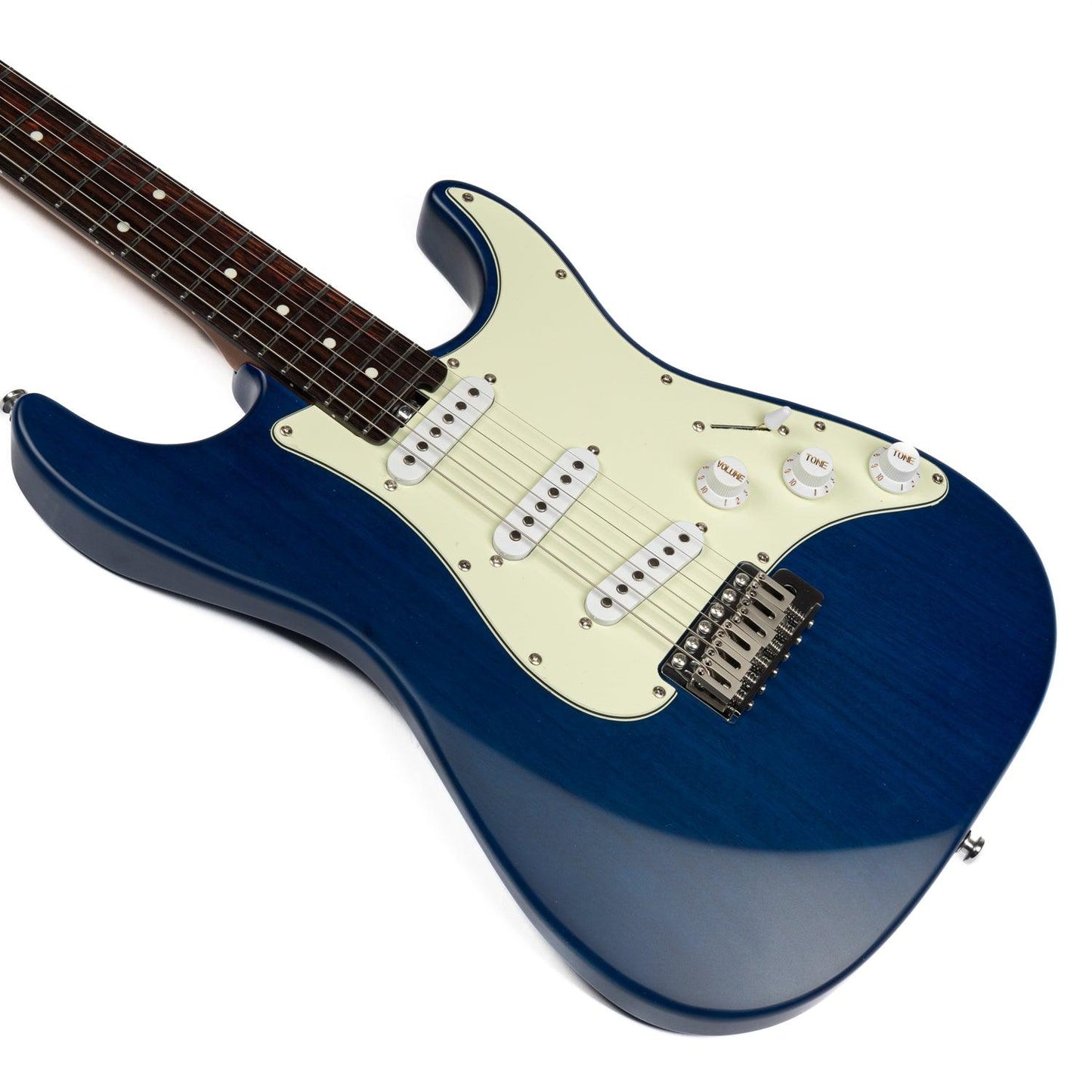 mmexport1686556912105_1 Eart Guitars, YMX-SG3, Roasted Bookmatch Mahogany Body SSS Vintage Style Electric Guitar, Blue