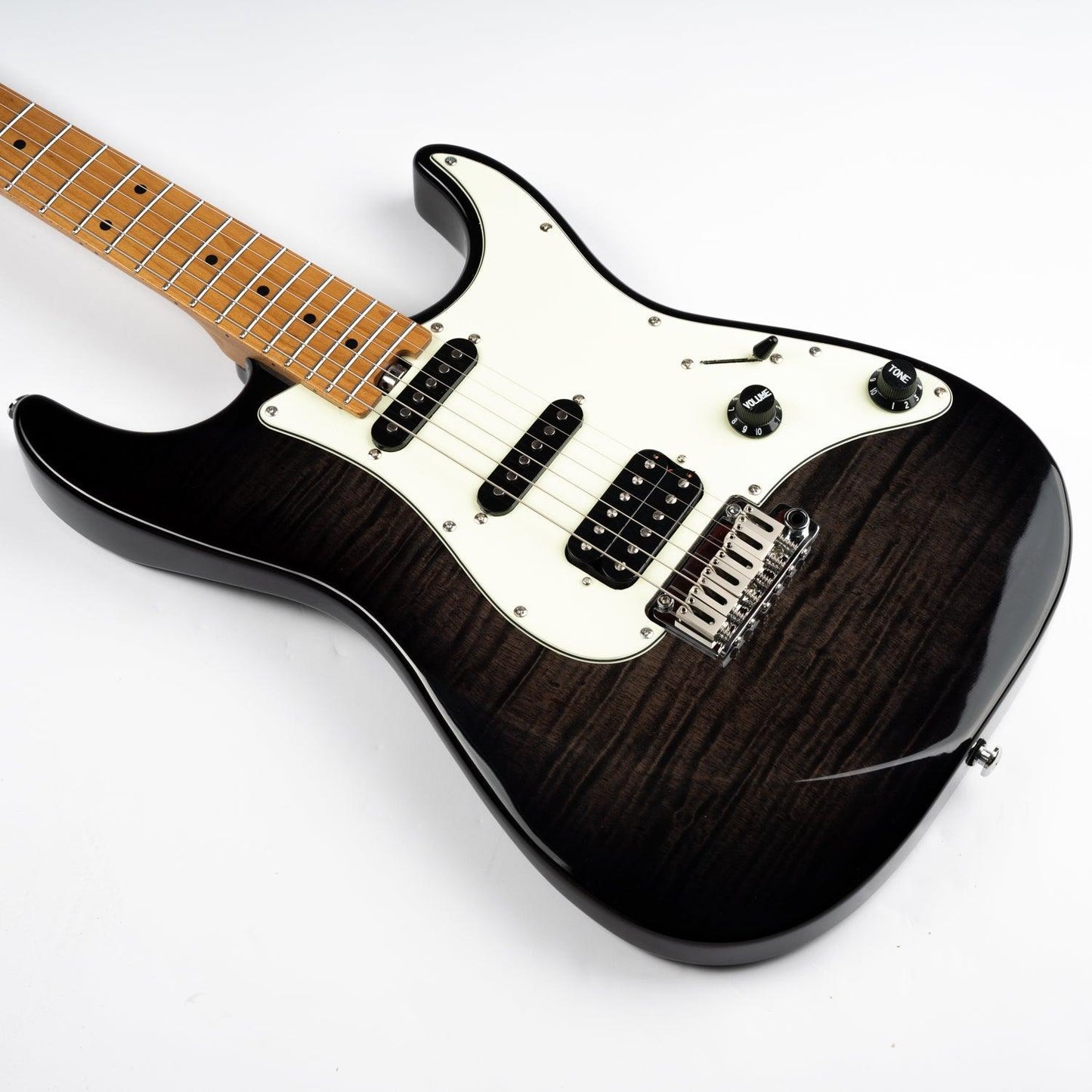nk_c3_black_body_front Eart Guitars, NK-C3N, Modern Roasted Bookmatch Mahogany+Flame Maple Body Electric Guitar, Black