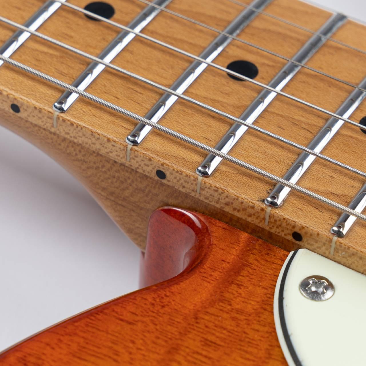 nkc1_orange_neck Eart Guitars, NK-C1(N), Single Coil Pickups, Roasted Bookmatch Mahogany+Flame Maple Body, Orange