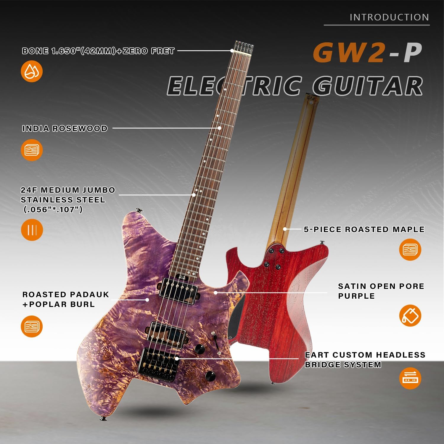 Eart Guitars GW2 Right Handed Satin Finish Headless Electric
