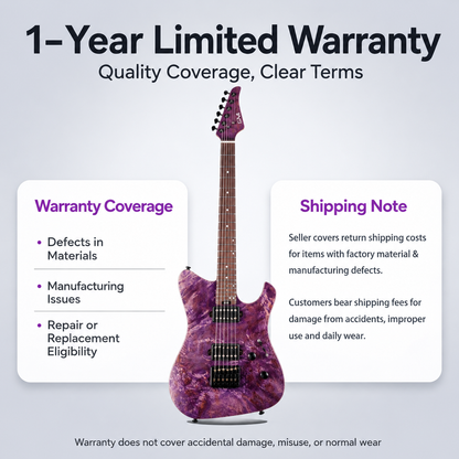 20260713114337_63_23 EART Guitars, GW2 Headless Electric Guitar,6-String Travel Guitar with Fixed Bridge, Stainless Steel Frets, Poplar Burl Veneer Top – Purple