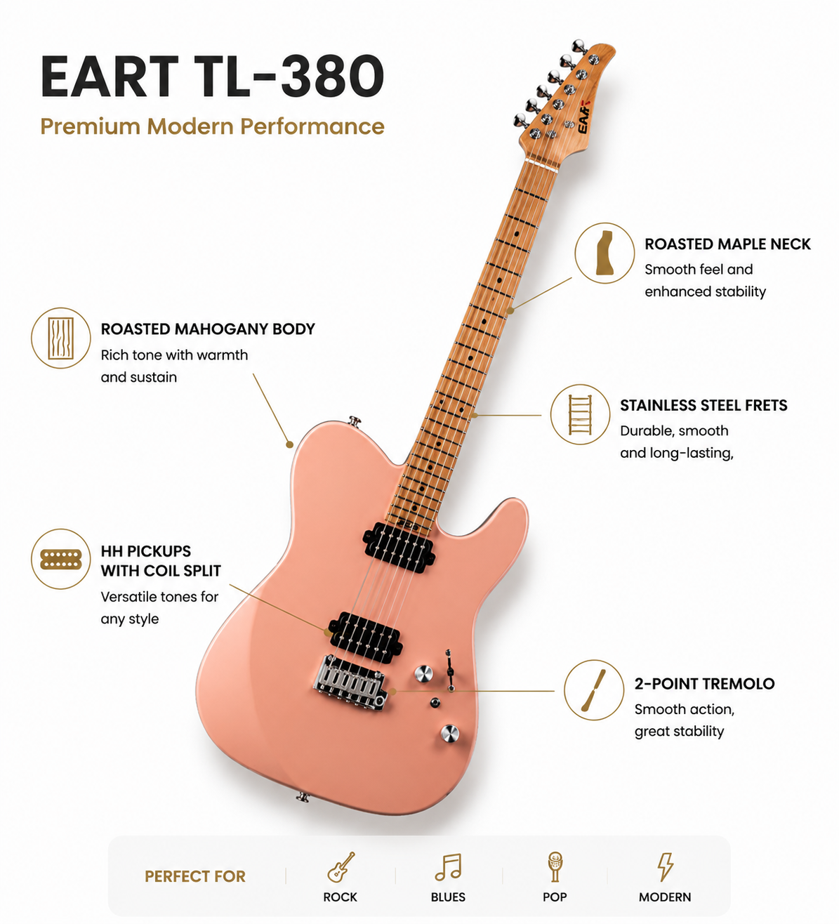 20260713152408_68_23 Eart Guitars, TL-380 Modern Electric Guitar | Roasted Mahogany Body, Roasted Maple Neck, Coil-Split HH Pickups & Stainless Steel Frets – Pearl Pink