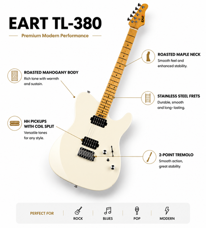 20260713154548_69_23 Eart Guitars, TL-380 Modern Electric Guitar | Roasted Mahogany Body, Roasted Maple Neck, Coil-Split HH Pickups & Stainless Steel Frets, Cream White