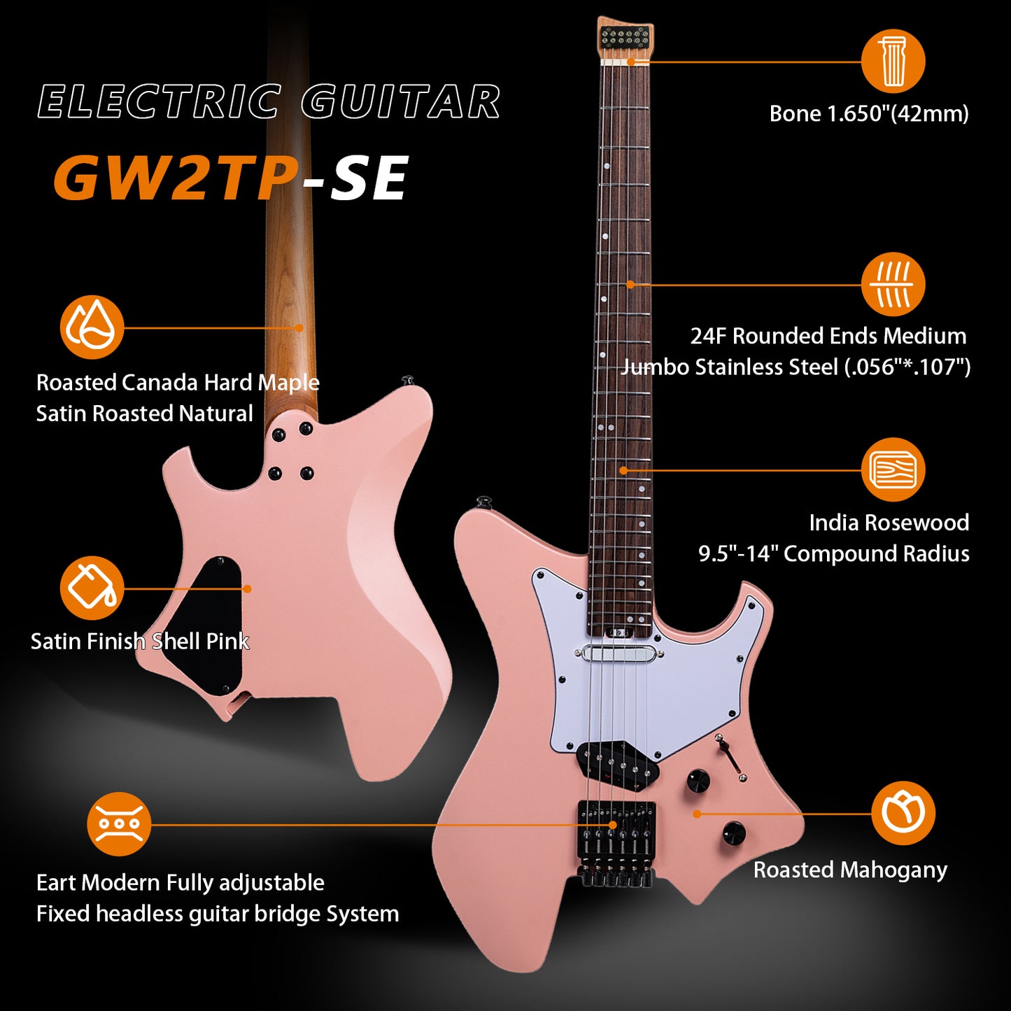 2_b6789379-9474-4097-83f2-b0aa7b9562b5 Eart Electric Guitars GW2TP-SE Lightweight Headless Electric Guitar, Roasted Mahogany Body, 24 Stainless Steel Frets, Compound Radius Fingerboard, Perfect for Young & Energetic Guitarists
