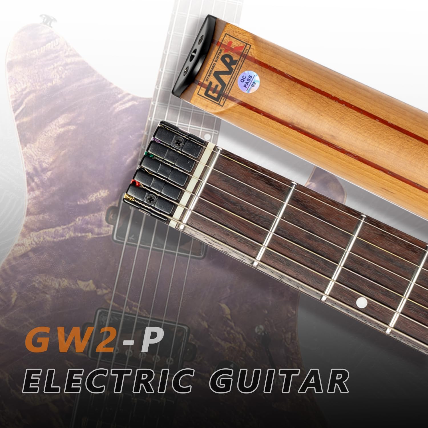 4_5226a960-ed08-4a21-ac4e-d31789344d20 EART Guitars, GW2 Headless Electric Guitar,6-String Travel Guitar with Fixed Bridge, Stainless Steel Frets, Poplar Burl Veneer Top – Purple