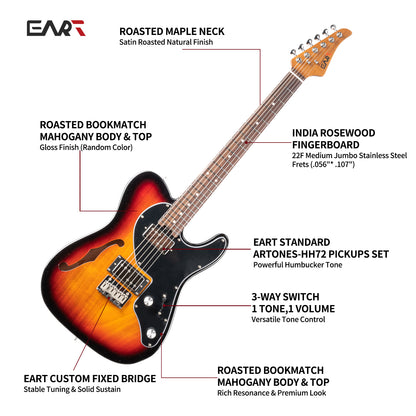 Eart GUITAR  E-TT72 Semi Hollow Body Electric Guitar, HH Humbucker Pickups, Roasted Mahogany Body, Fixed Bridge, Stainless Steel Frets, Random Color (Sunburst or Surf Green)