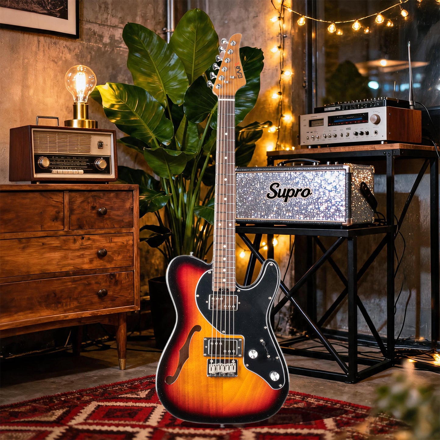 Eart GUITAR  E-TT72 Semi Hollow Body Electric Guitar, HH Humbucker Pickups, Roasted Mahogany Body, Fixed Bridge, Stainless Steel Frets, Random Color (Sunburst or Surf Green)