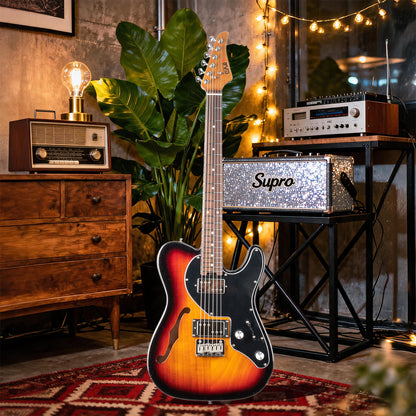 Eart GUITAR  E-TT72 Semi Hollow Body Electric Guitar, HH Humbucker Pickups, Roasted Mahogany Body, Fixed Bridge, Stainless Steel Frets, Random Color (Sunburst or Surf Green)