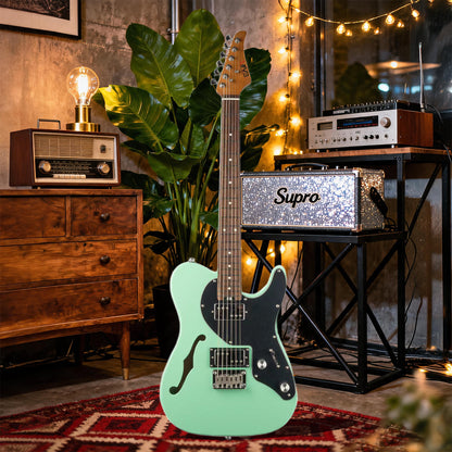 Eart GUITAR  E-TT72 Semi Hollow Body Electric Guitar, HH Humbucker Pickups, Roasted Mahogany Body, Fixed Bridge, Stainless Steel Frets, Random Color (Sunburst or Surf Green)