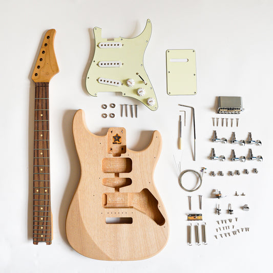 Eart Guitars, EUGK-S3S, DIY Electric Guitar Kit Unfinished Mahogany Body India Rosewood Fingerboard Fretboard All Parts Included