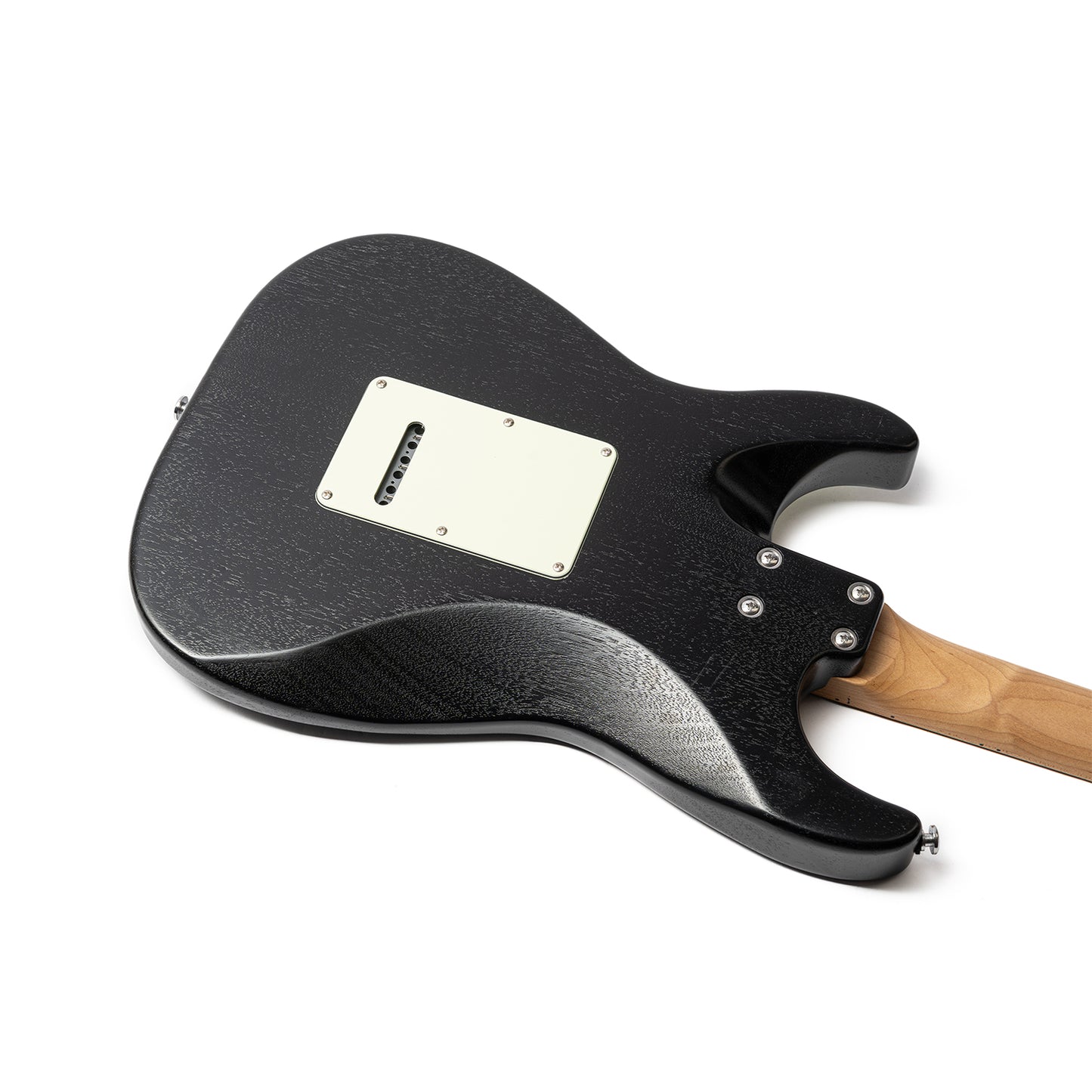 Nexus-S1_Open_Pore_Black_body_back_view Eart Guitars, Nexus-S1, 25.5" Roasted Mahogany/Maple 22-Fret Electric Guitar – Compound U-C Neck, Stainless Steel Frets, 6-Point Tremolo