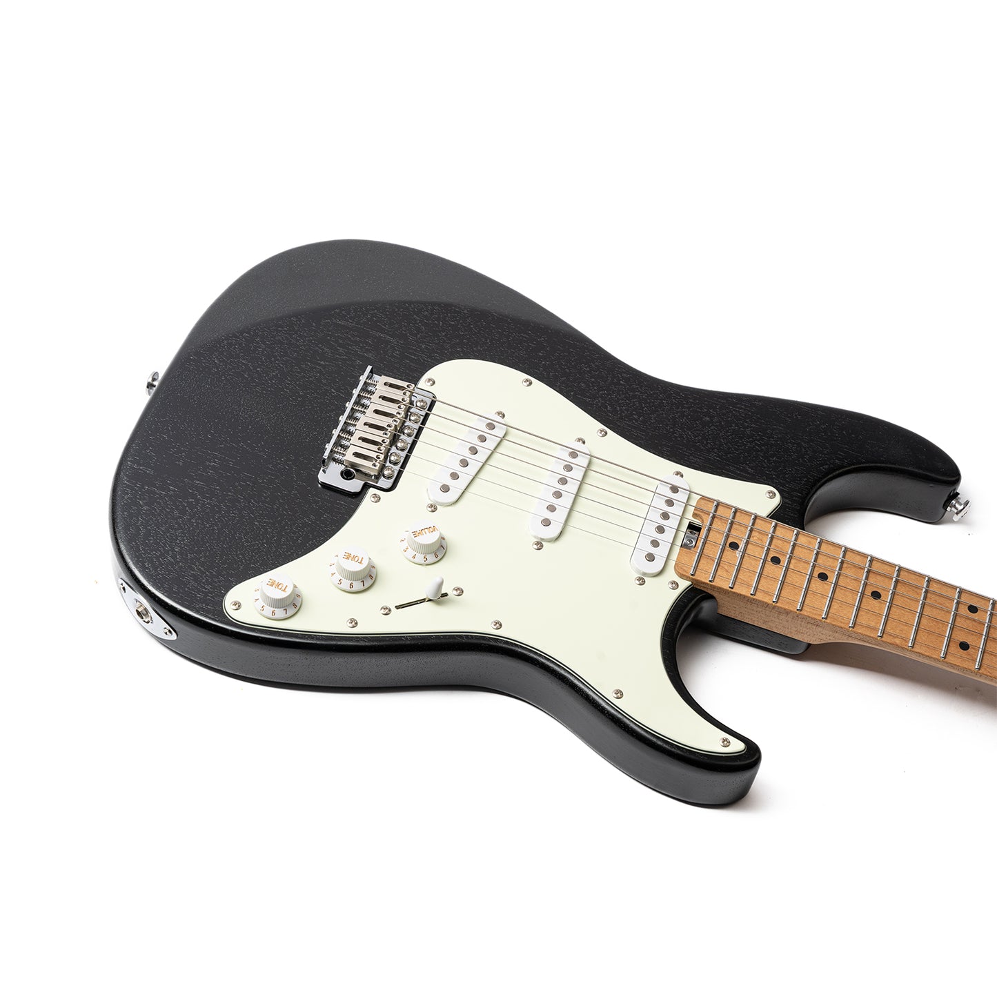 Nexus-S1_Open_Pore_Black_body_front_view Eart Guitars, Nexus-S1, 25.5" Roasted Mahogany/Maple 22-Fret Electric Guitar – Compound U-C Neck, Stainless Steel Frets, 6-Point Tremolo