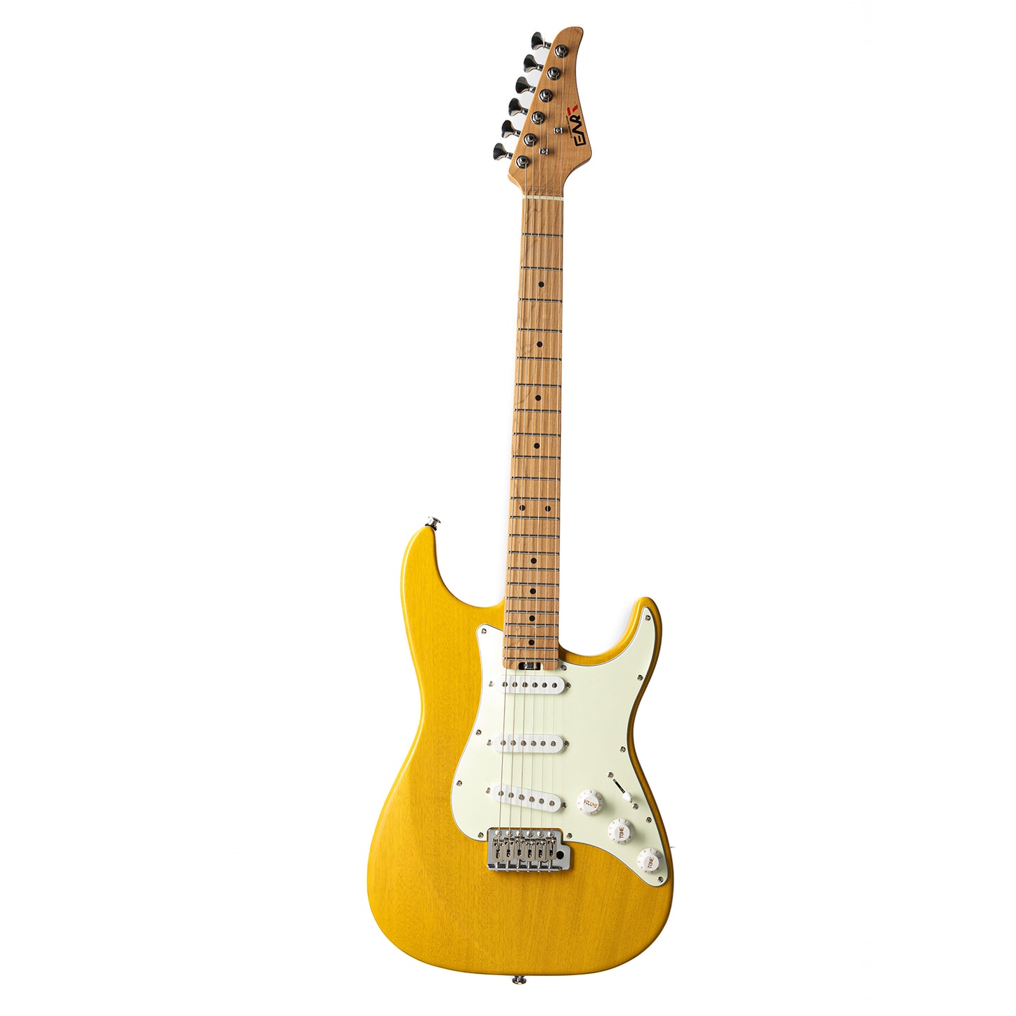 Nexus-S1_Open_Pore_Trans_Yellow Eart Guitars, Nexus-S1, 25.5" Roasted Mahogany/Maple 22-Fret Electric Guitar – Compound U-C Neck, Stainless Steel Frets, 6-Point Tremolo