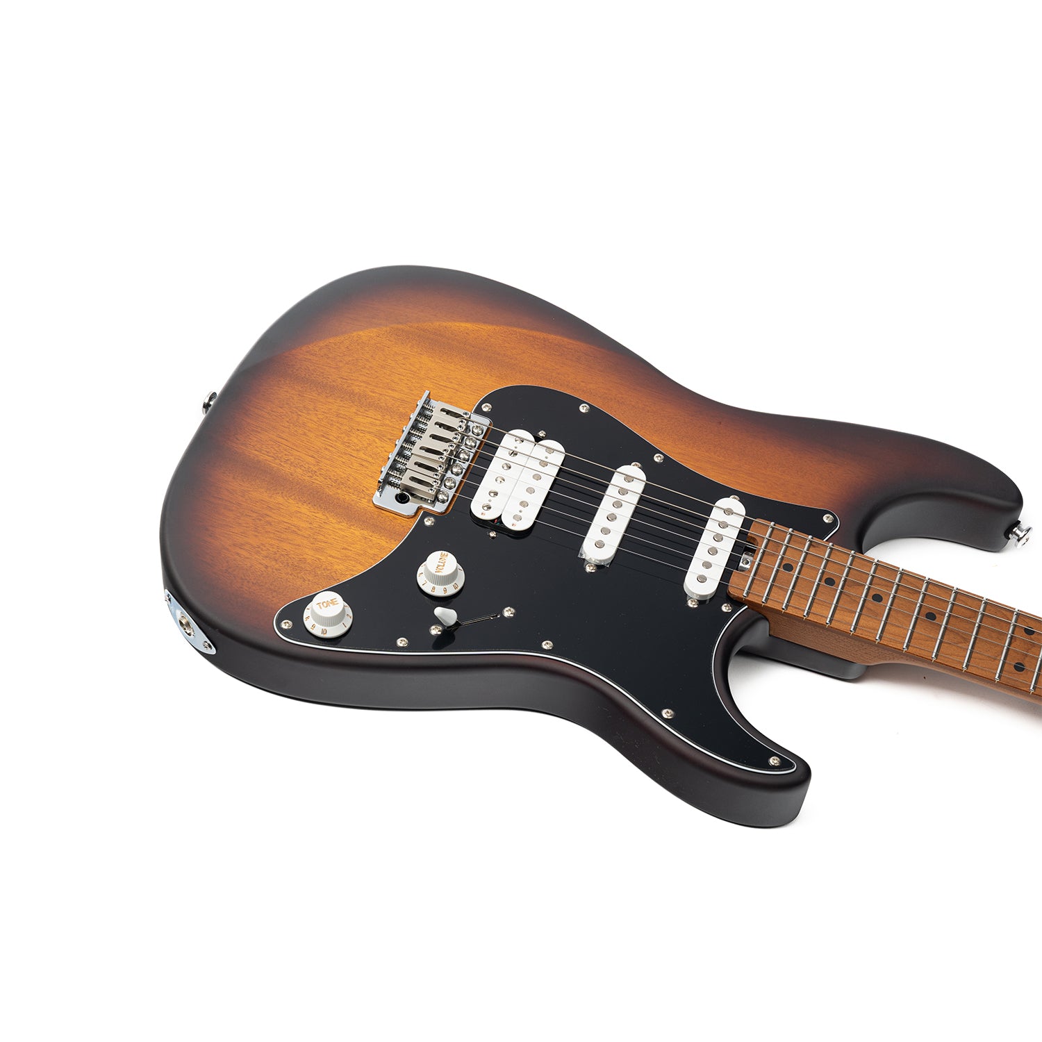 Nexus-S2bodyfrontview Eart Guitars, Nexus-S2, Electric Guitar Roasted Mahogany Body Canada Maple Neck 25.5" 22 Frets Synchronized Tremolo Pearl Blue/Black/Tobacco Burst