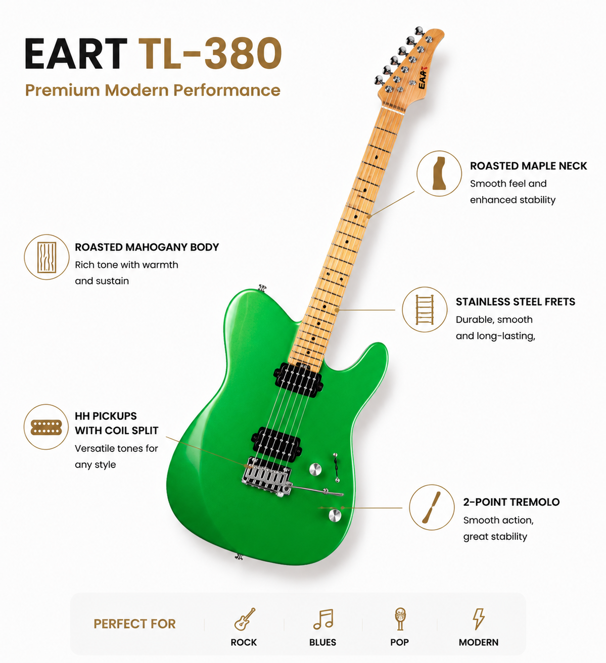 ae1619e0-d3b3-4fd8-ad0c-c958a90e62b0 Eart Guitars, TL-380 Modern Electric Guitar | Roasted Mahogany Body, Roasted Maple Neck, Coil-Split HH Pickups & Stainless Steel Frets, Pearl Green