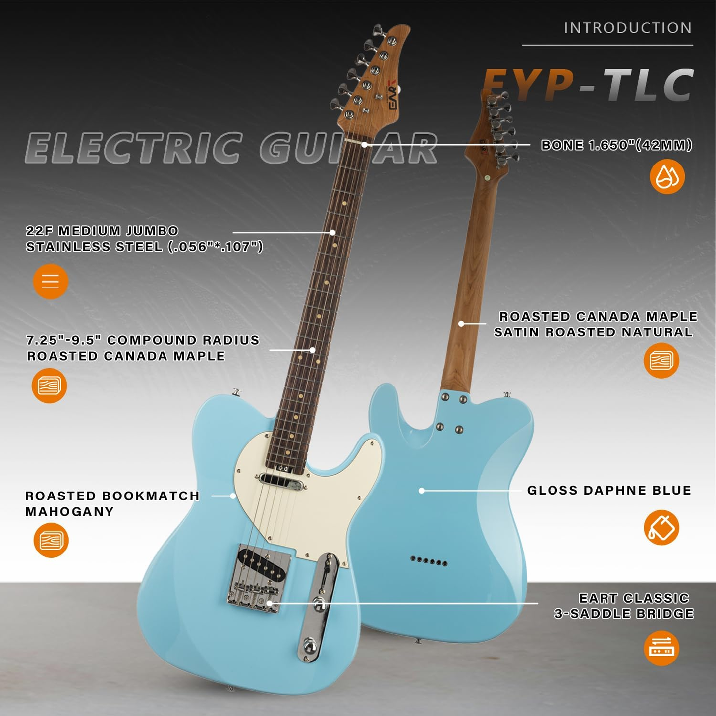 df642d39ea2f9ca96e936299b71c7a50 EART Guitars, EYP-TLC Electric Guitar with Roasted Mahogany Body, Maple Neck，Stainless Steel Frets