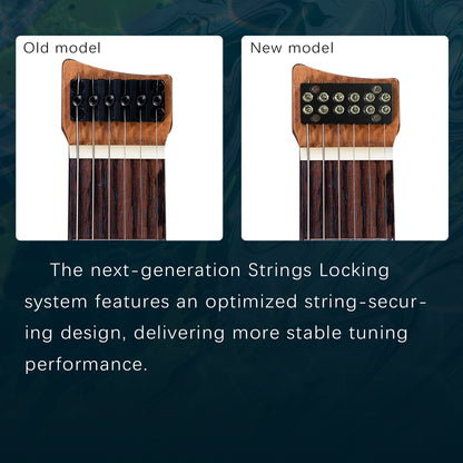 gw2p-se_headstock_new_and_old_compare Eart Electric Guitars GW2P-SE, Youthful Energy, Roasted Mahogany, Lightweight Headless Guitar