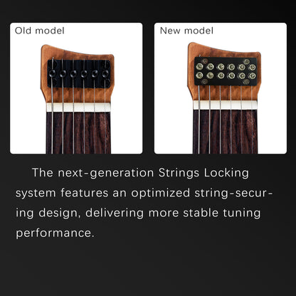 gw2tp-se_headstock_new_system_and_old_system_compare Eart Guitars GW2TP-SE Lightweight Headless Electric Guitar, 24 Stainless Steel Frets, Compound Radius Fingerboard